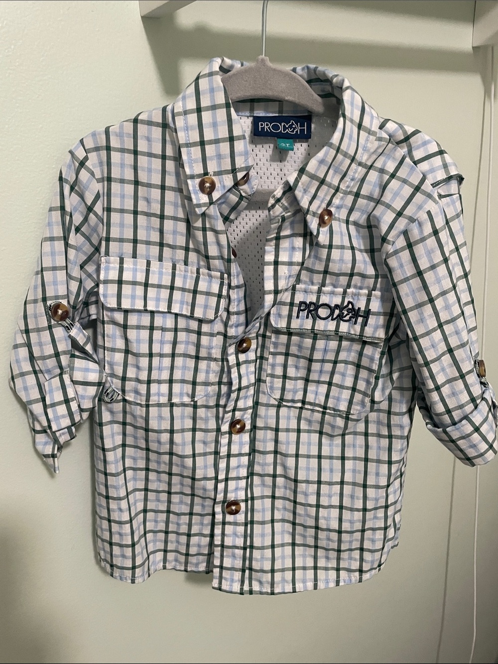 Prodoh Boys White Plaid Button-Down Shirt with Green & Blue Checks